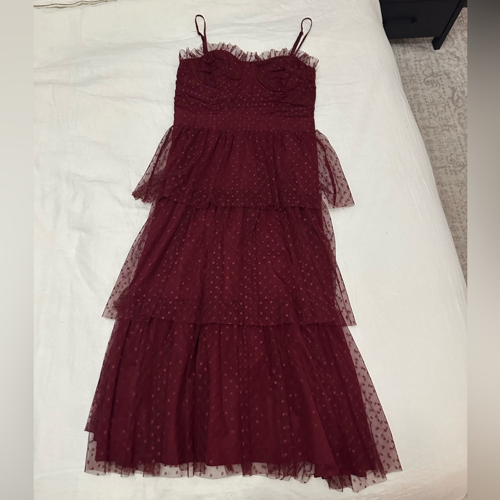 Lulu's Elegant Burgundy Polka Dot Midi Dress